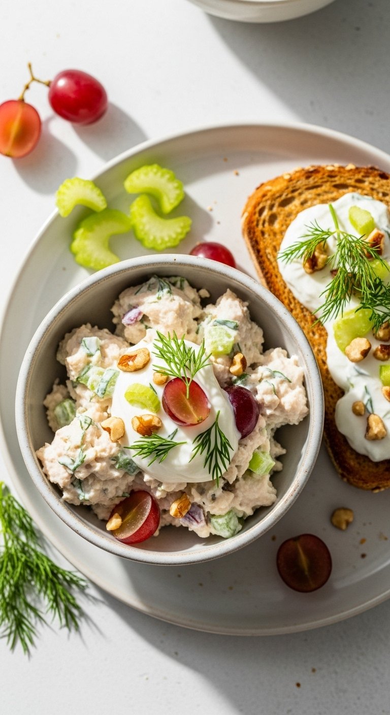 creamy-chicken-salad-whole-grain-toast-herbs-grapes-yogurt-dill-celery