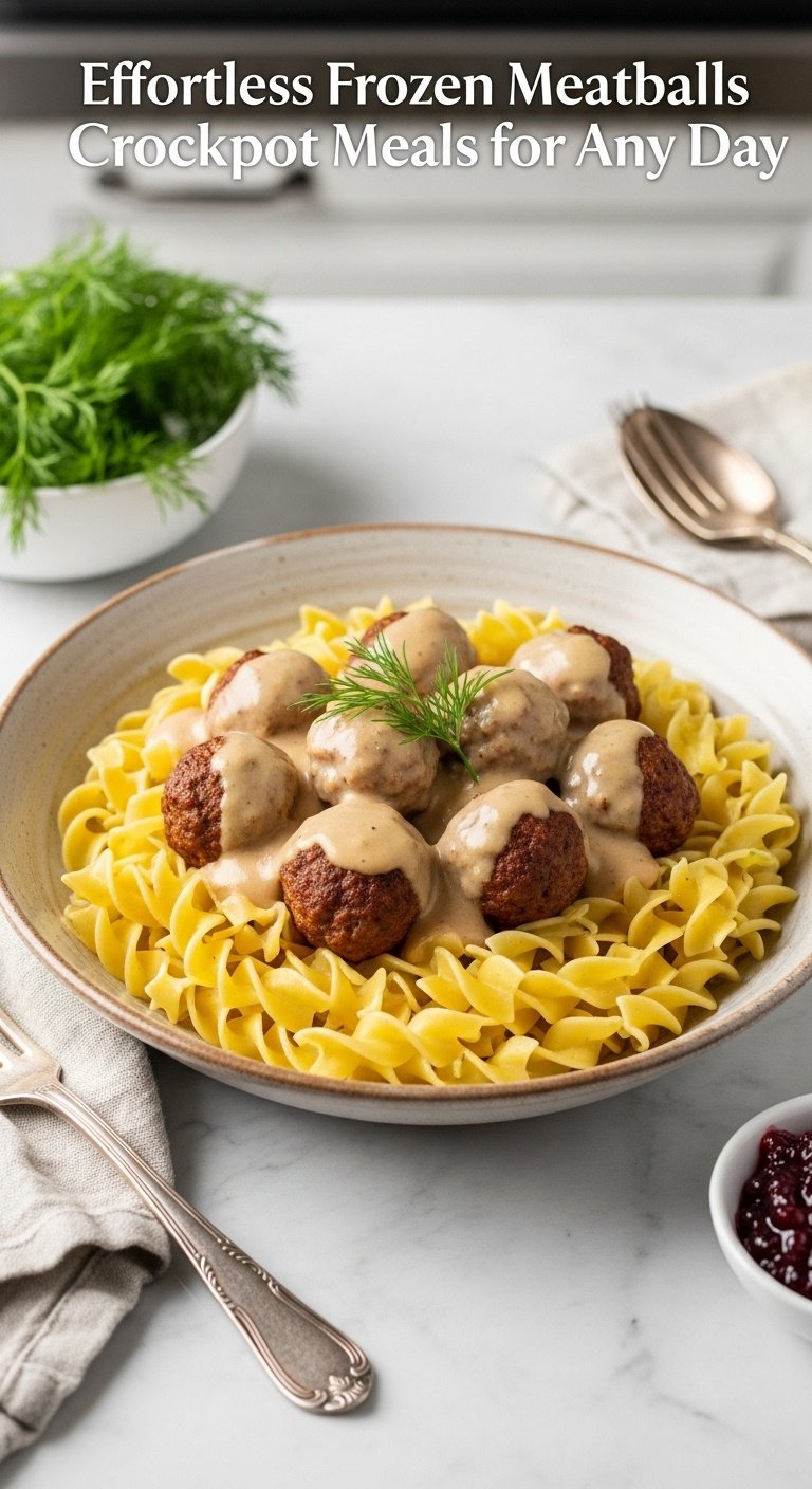 creamy-crockpot-swedish-meatballs-on-buttery-egg-noodles-with-fresh-dill-and-lingonberry-jam