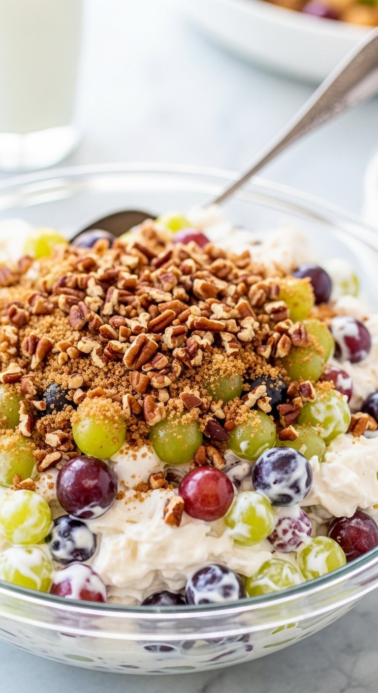 creamy grape salad with brown sugar and pecans in glass bowl for best chicken salad chick grape salad copycat recipe