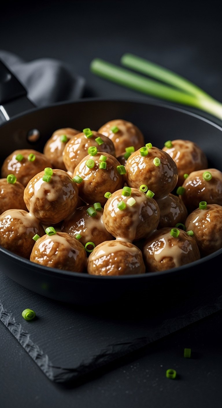 creamy-honey-garlic-meatballs-dark-skillet-sheen-sliced-green-onions-slate-surface