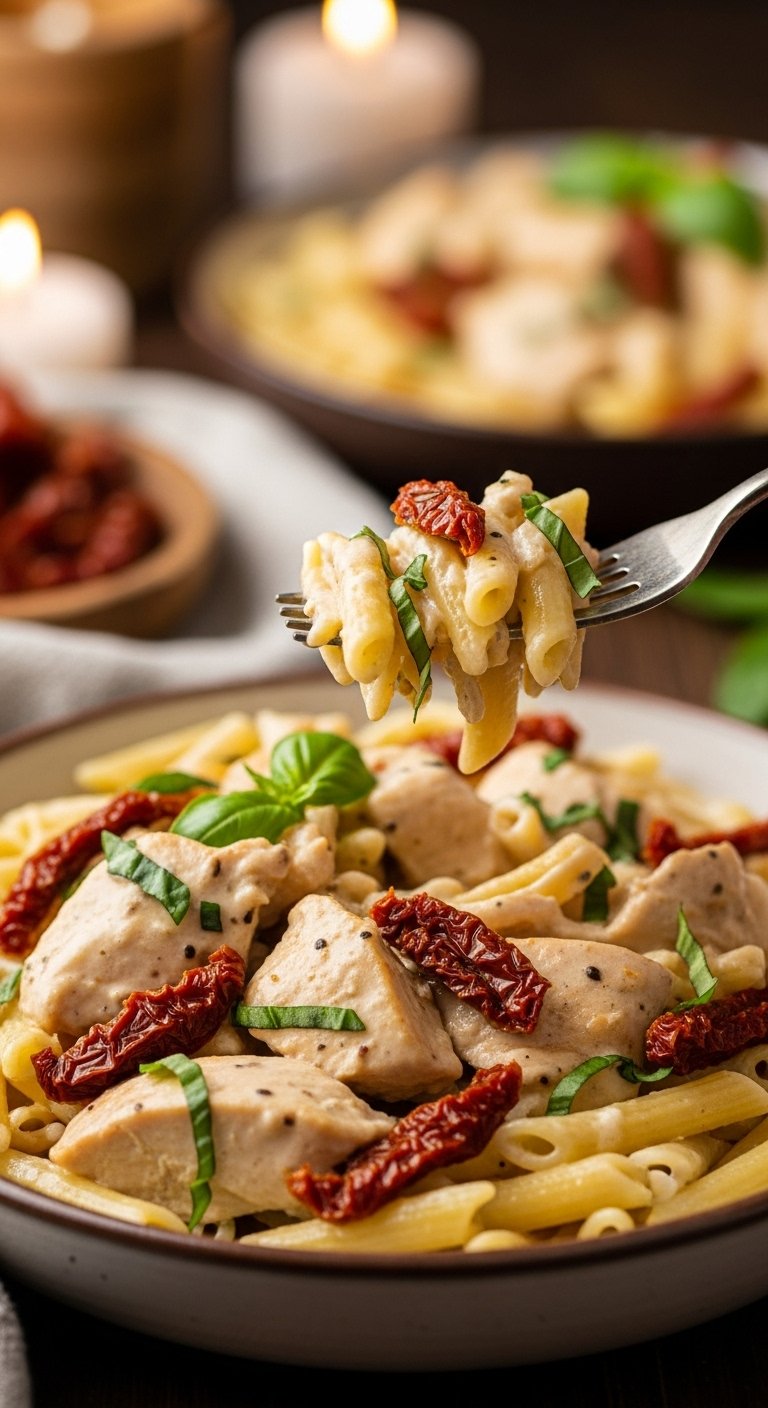 creamy marry me chicken pasta sun-dried tomatoes basil rustic bowl