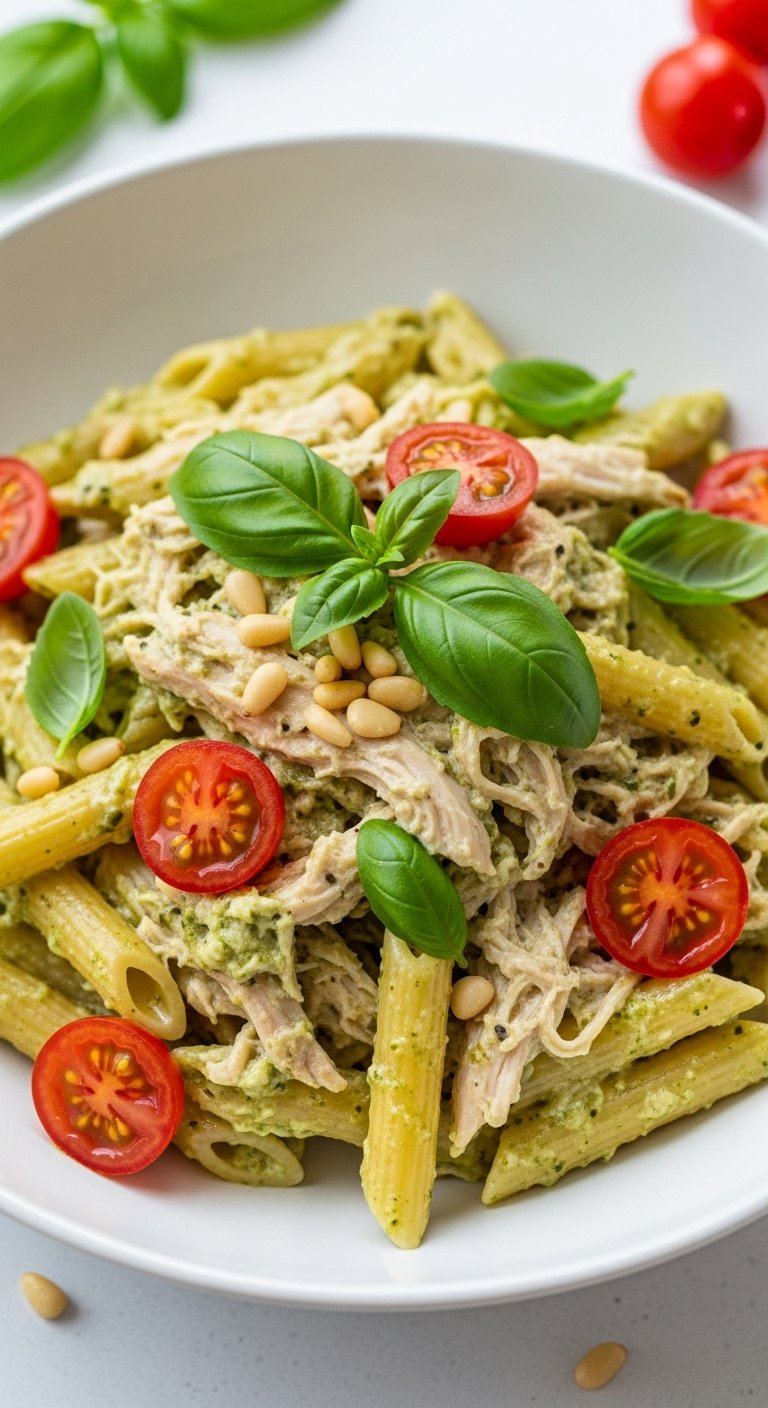 creamy pesto pasta with chicken cherry tomatoes pine nuts