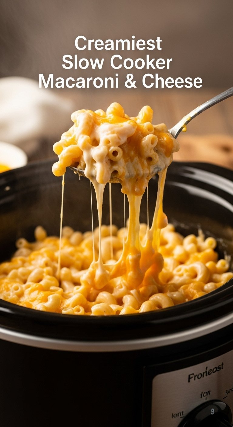 creamy slow cooker macaroni and cheese with gooey cheese pull
