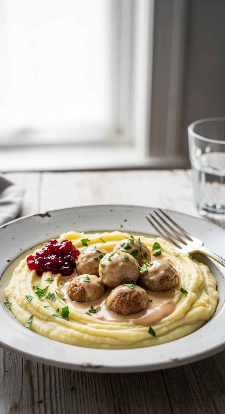 creamy-swedish-meatballs-over-mashed-potatoes-with-lingonberry-jam-and-fresh-parsley