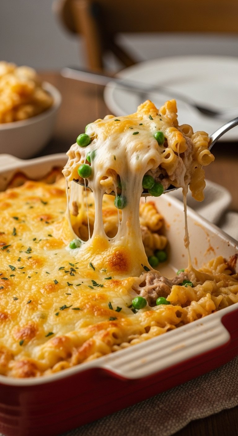 creamy tuna pasta bake cheesy crust peas casserole gooey cheese pull