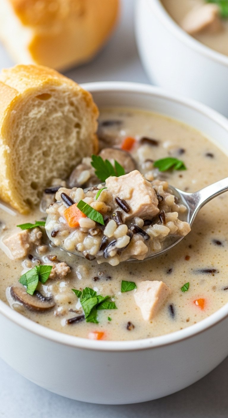 creamy-turkey-and-wild-rice-soup-in-cozy-mug-with-spoon-parsley-bread