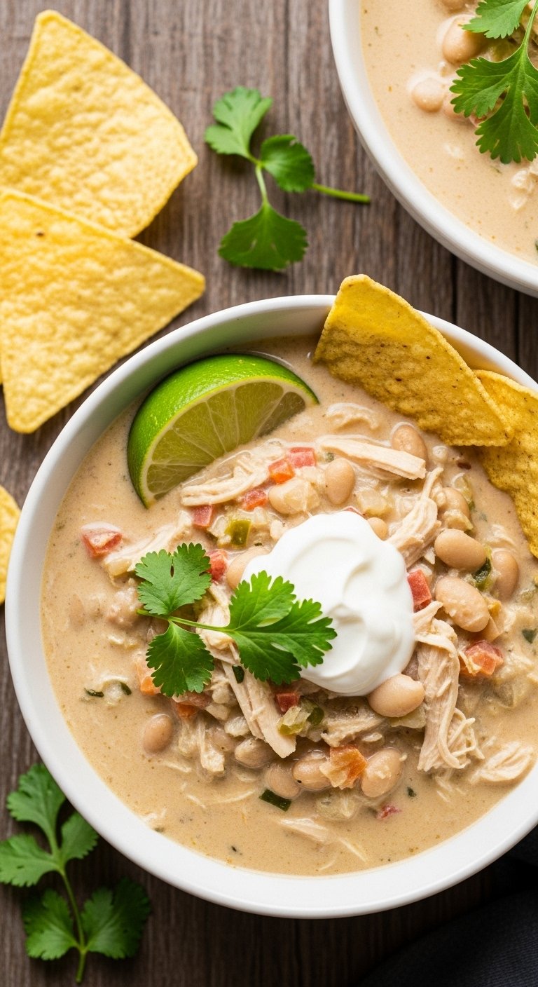 creamy white chicken chili with cilantro sour cream and lime in rustic bowl for easy crockpot dump and go dinner