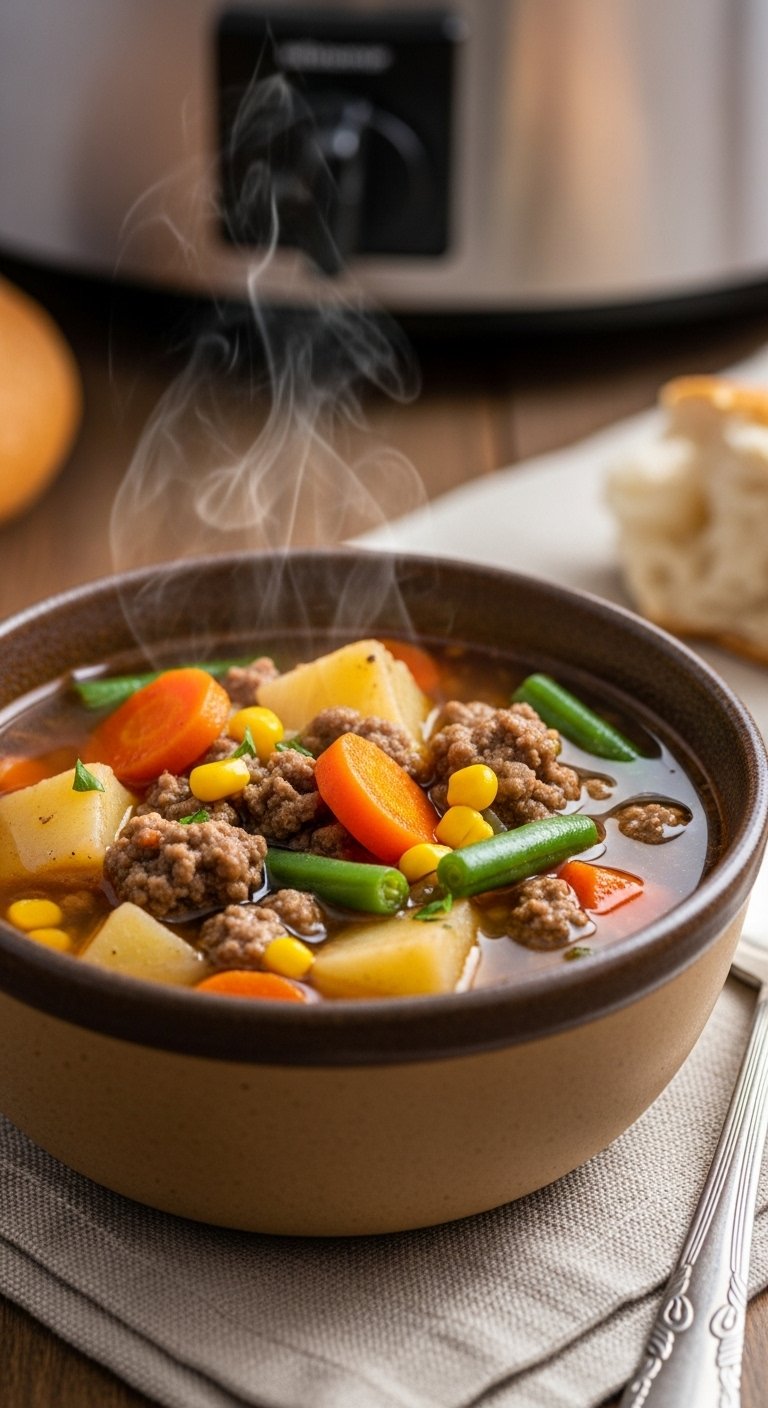 crockpot hamburger soup with ground beef potatoes carrots corn and green beans in a rustic bowl