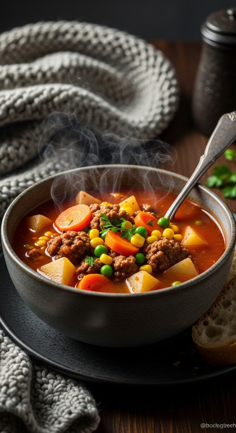 crockpot hamburger soup with ground beef potatoes carrots corn and peas in rustic stoneware bowl on wooden table with bread and spoon