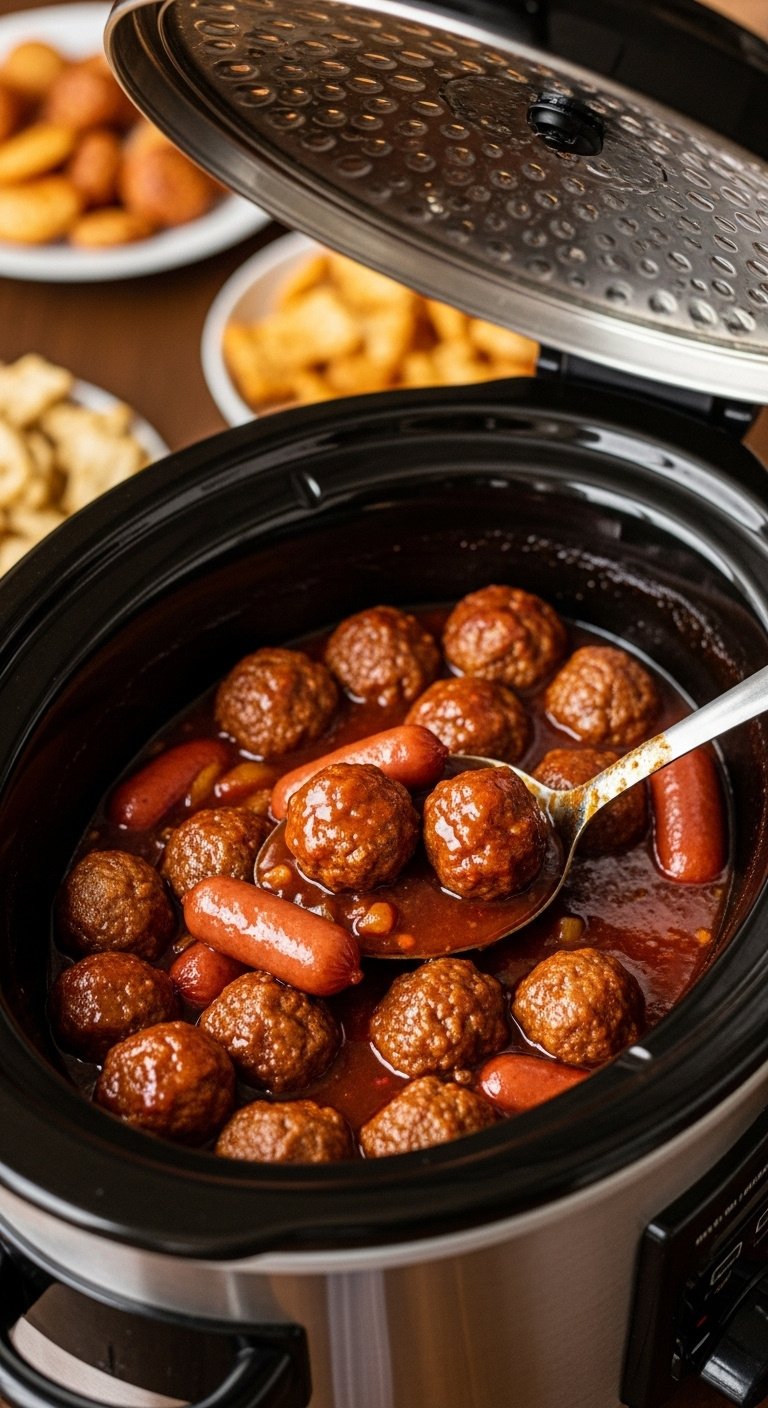 crockpot-meatballs-and-little-smokies-in-glossy-sauce