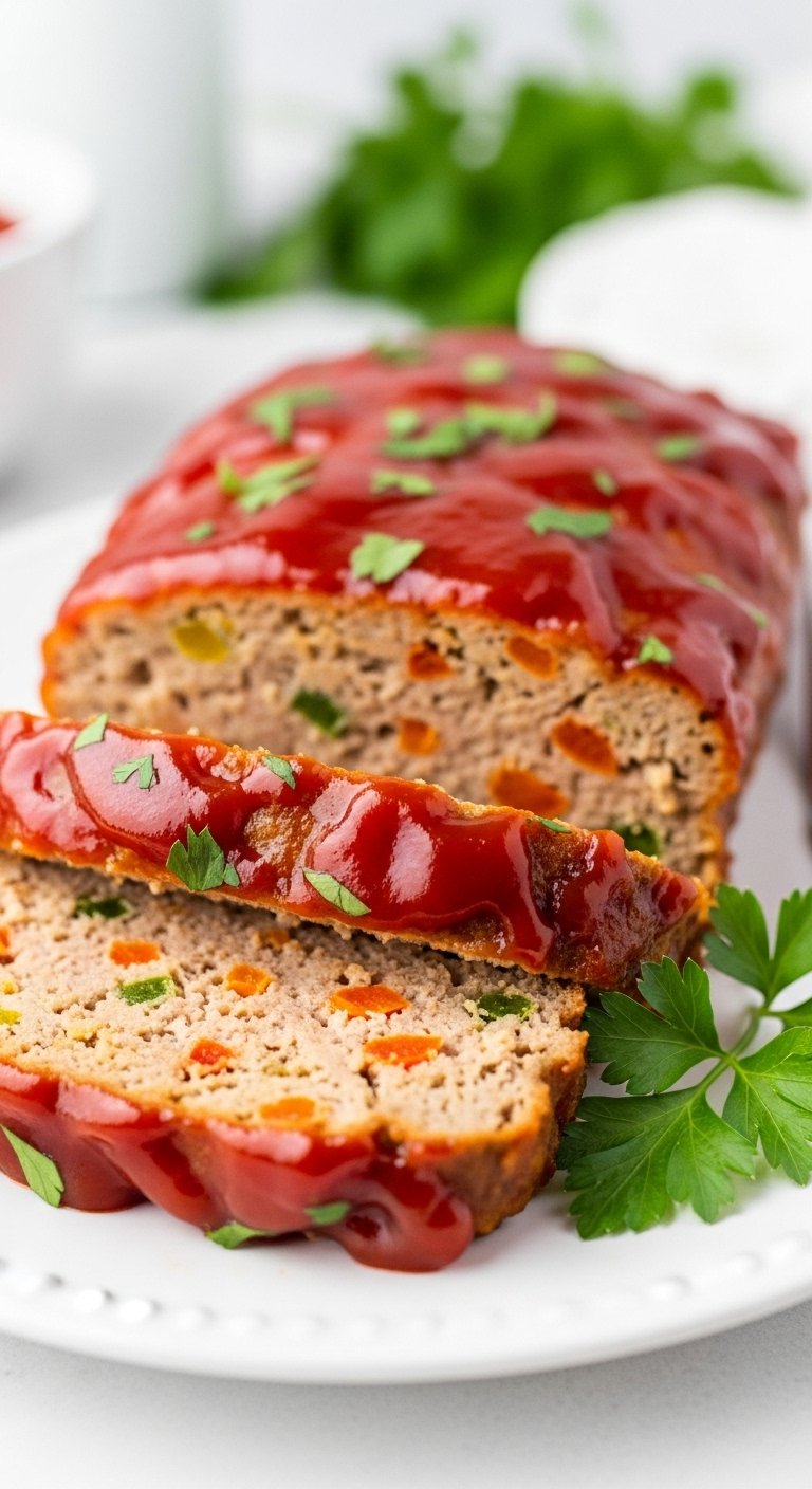 crockpot-turkey-meatloaf-slice-with-vegetables-ketchup-glaze-parsley
