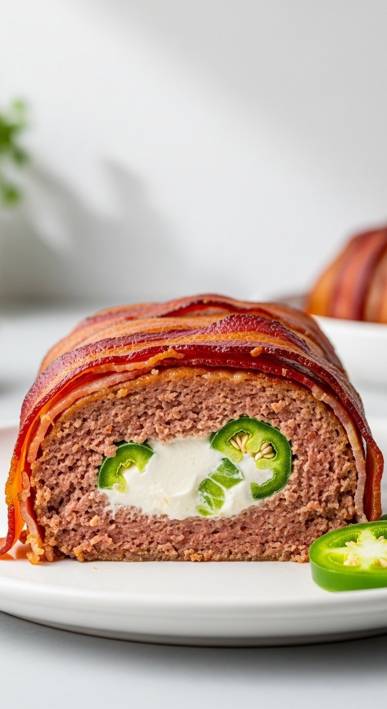 cross-section of jalapeno popper stuffed meatloaf wrapped in crispy bacon with melted cream cheese and jalapeno on white platter