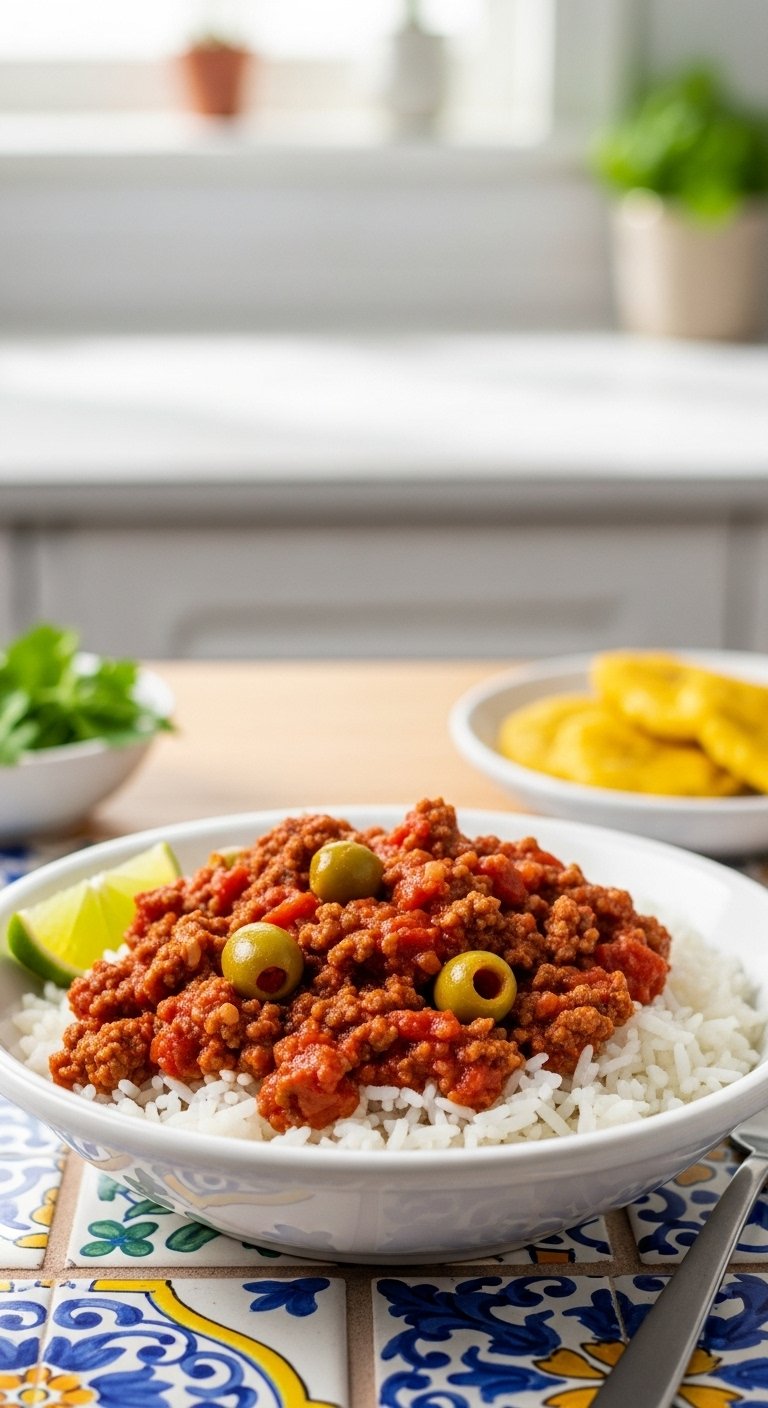 cuban picadillo with ground beef olives bell peppers over white rice with lime and fried plantains