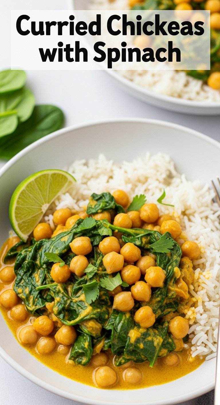 curried chickpeas spinach basmati rice golden yellow curry lime wedge creamy sauce
