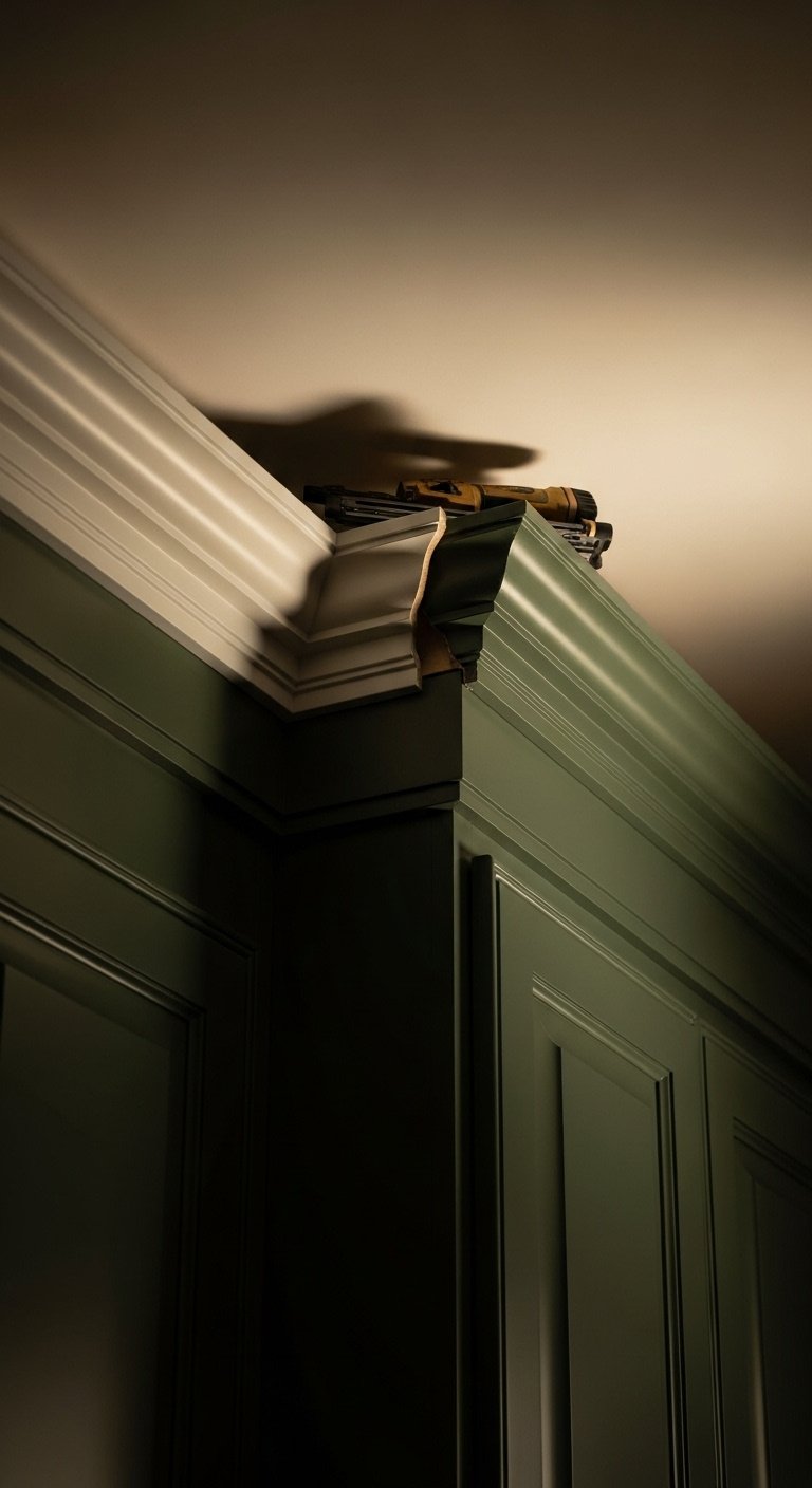 dark-green-kitchen-cabinets-ornate-crown-molding-installation