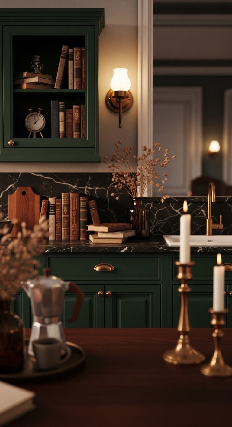 dark moody academia kitchen bloxburg forest green cabinets dark marble countertops brass hardware vintage books curiosities high resolution 8K intellectual design