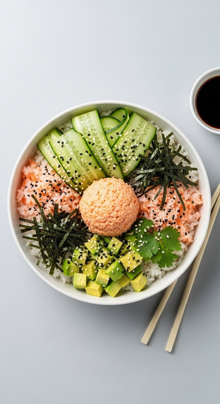 deconstructed sushi bowl with spicy tuna cucumber avocado nori and sesame seeds vertical portrait