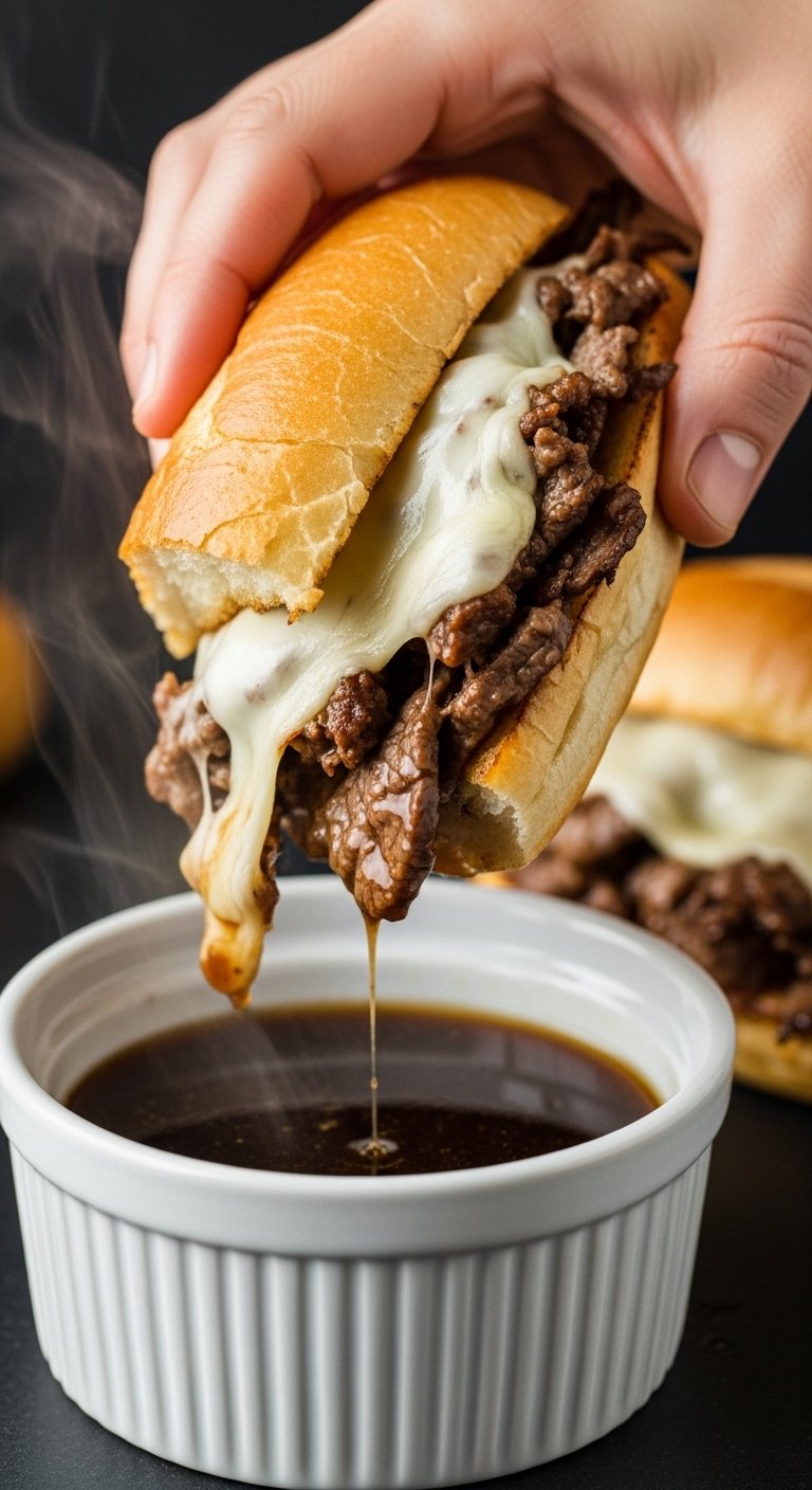 dipping french dip sandwich with melted provolone into au jus for easy crockpot dump and go dinner