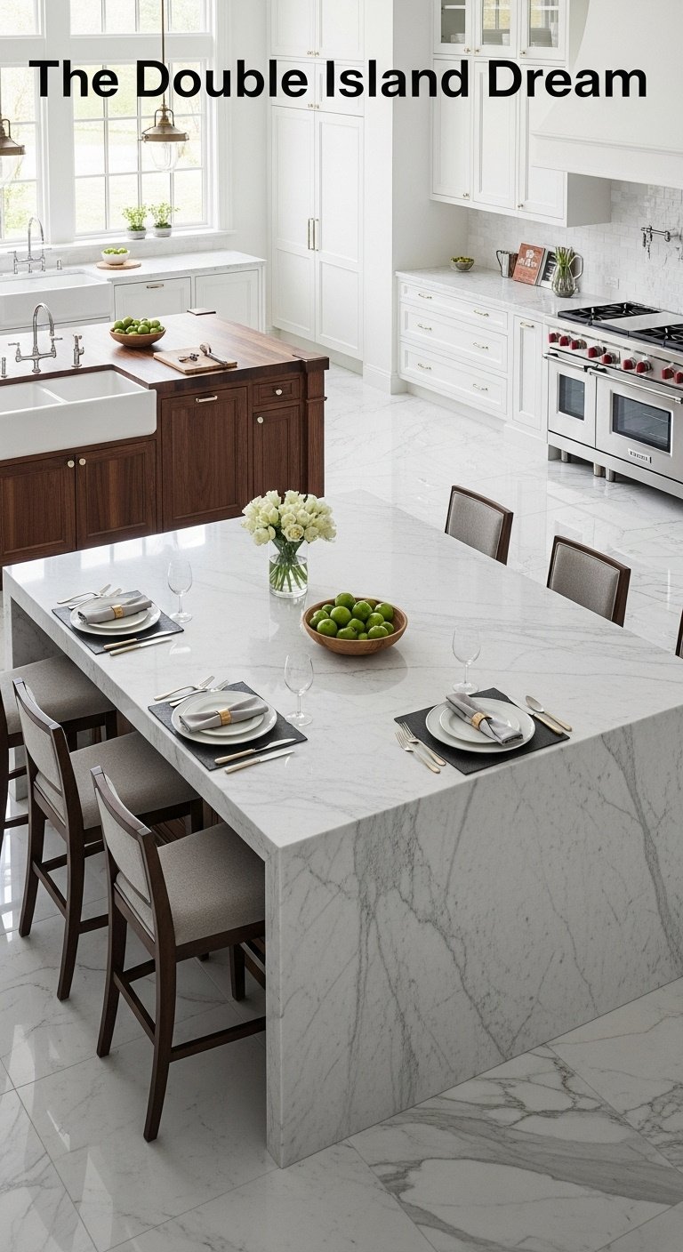 double kitchen island marble waterfall countertop dark wood farmhouse sink polished marble floor high-end design luxurious spacious 8K high resolution