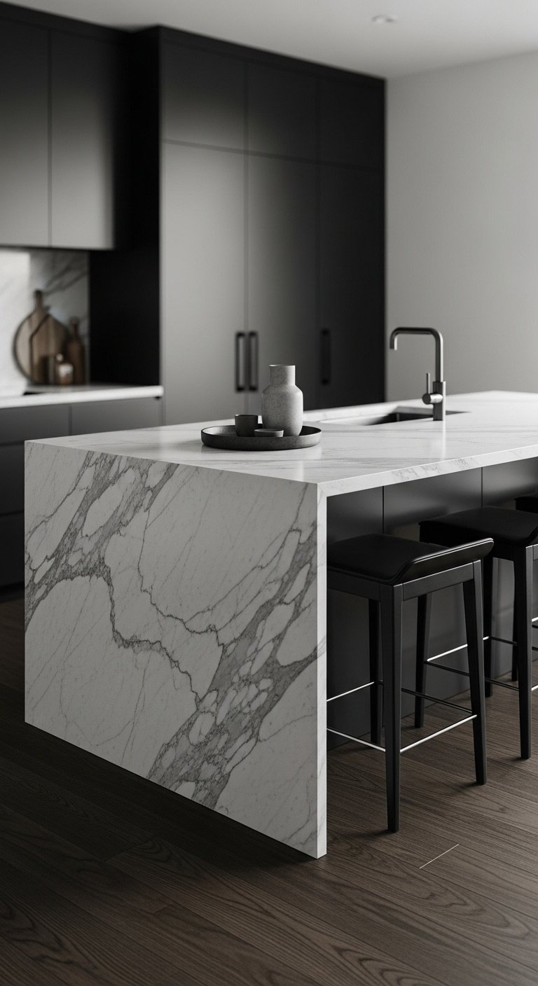 dramatic waterfall island kitchen calacatta marble countertop dark wood floor minimalist design 8k high resolution modern kitchen