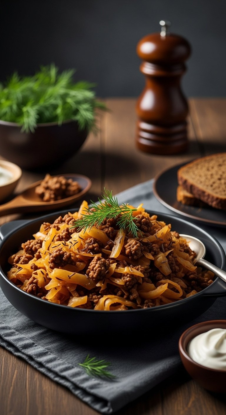 eastern european beef and cabbage skillet rustic dish vertical portrait