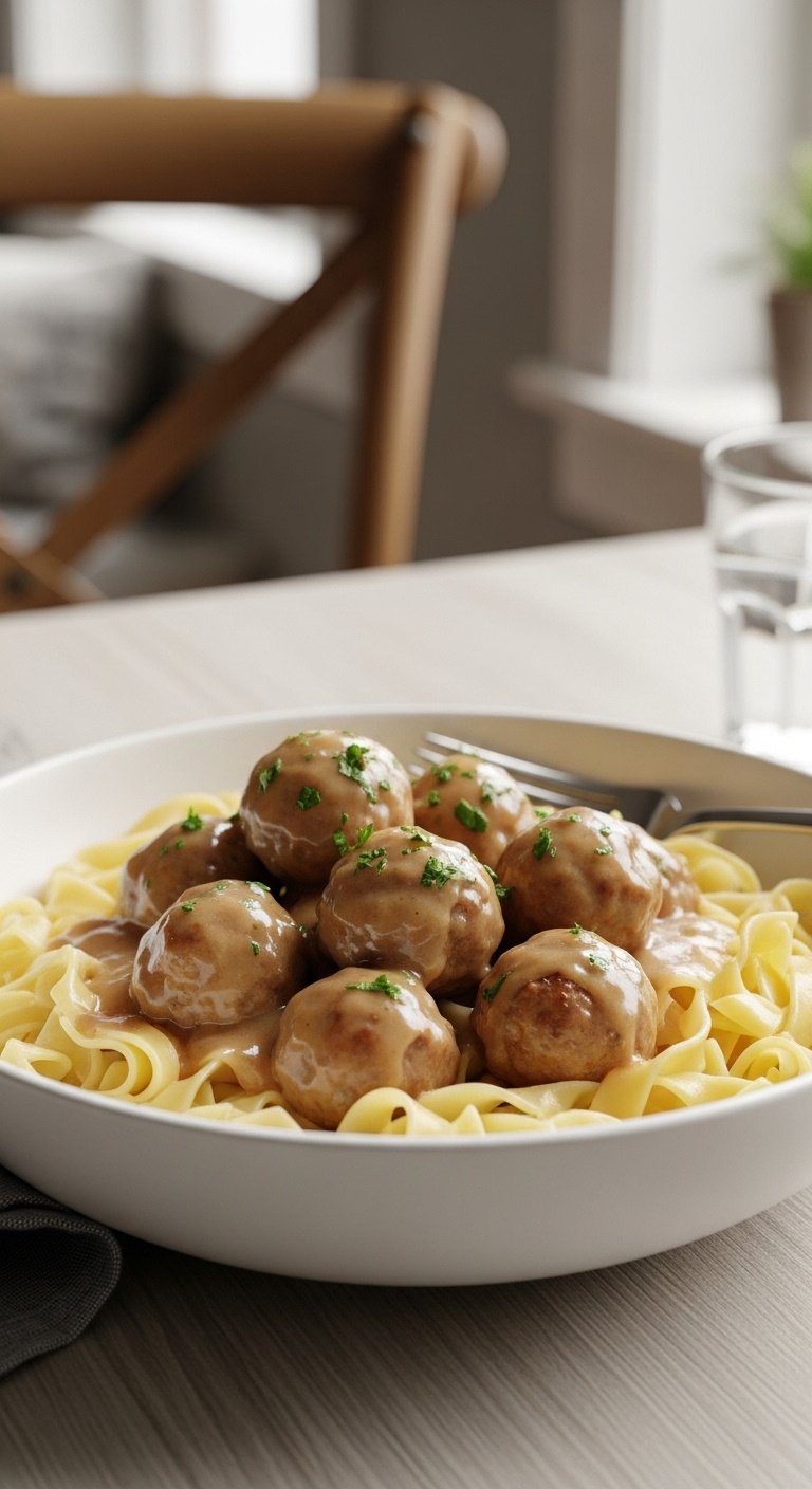 easy-crock-pot-swedish-meatballs-egg-noodles-creamy-gravy-fresh-parsley-wood-table