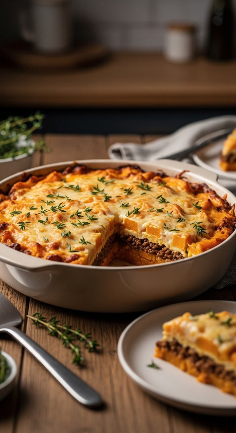 easy-ground-beef-sweet-potato-casserole-slice-melted-cheese-rustic-wood-table
