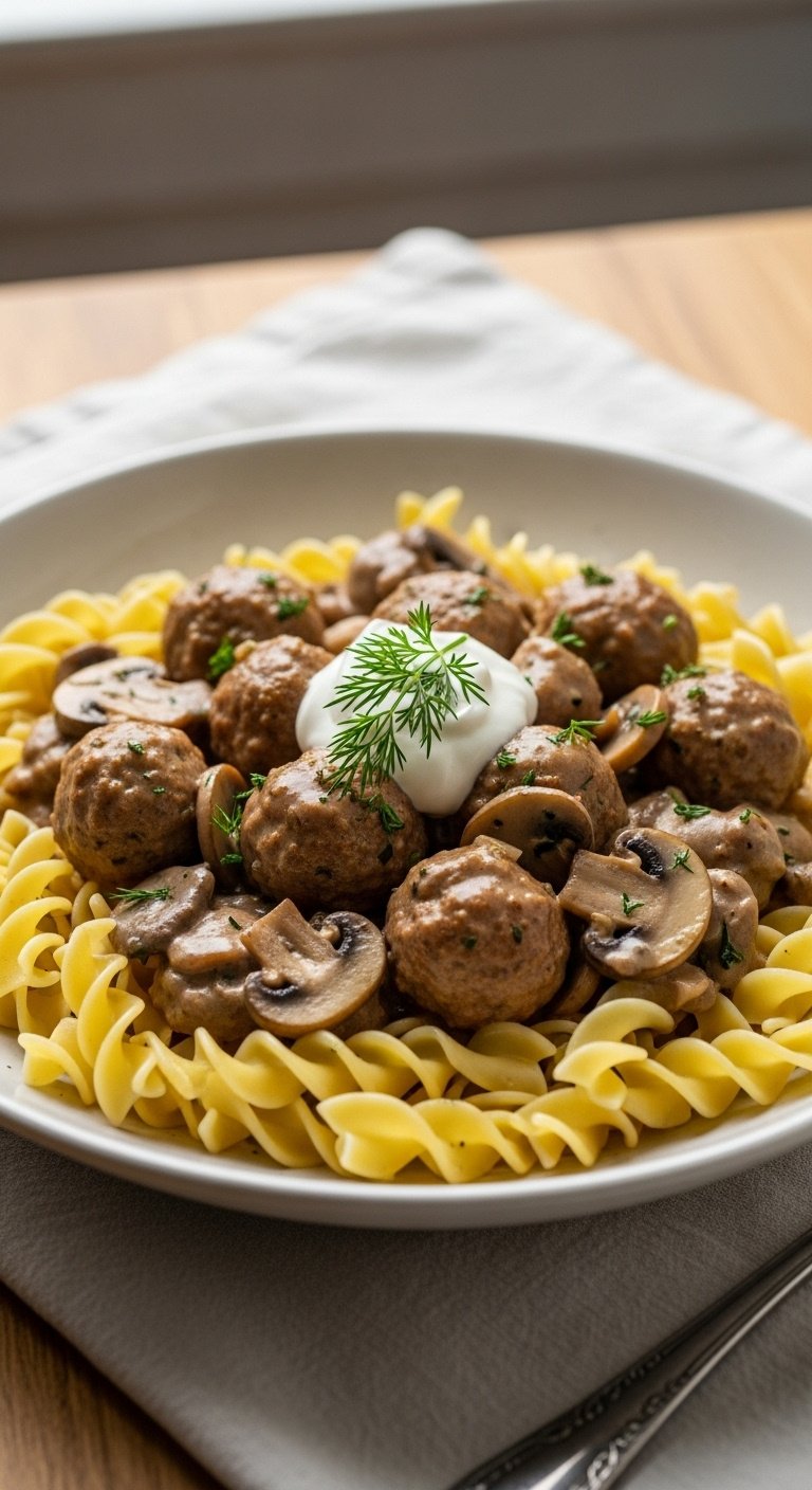 easy-meatball-stroganoff-egg-noodles-creamy-sauce-sour-cream-fresh-dill-wooden-table