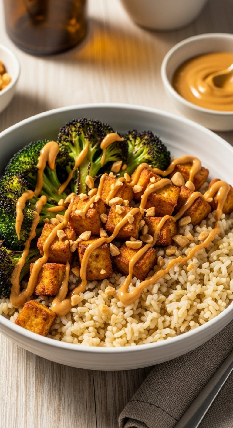 easy peanut tofu and broccoli bowl with brown rice peanut sauce and crushed peanuts vertical portrait