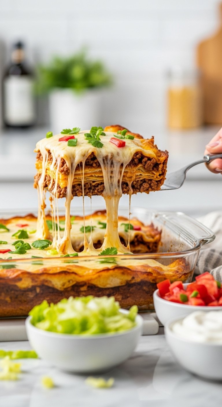 easy taco casserole slice with seasoned beef cheese and tortillas being lifted with spatula on marble countertop with lettuce tomatoes and sour cream