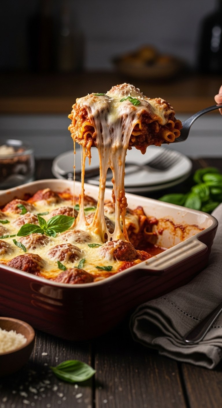 effortless-dump-and-bake-meatball-casserole-with-cheese-pull-and-parmesan-garnish