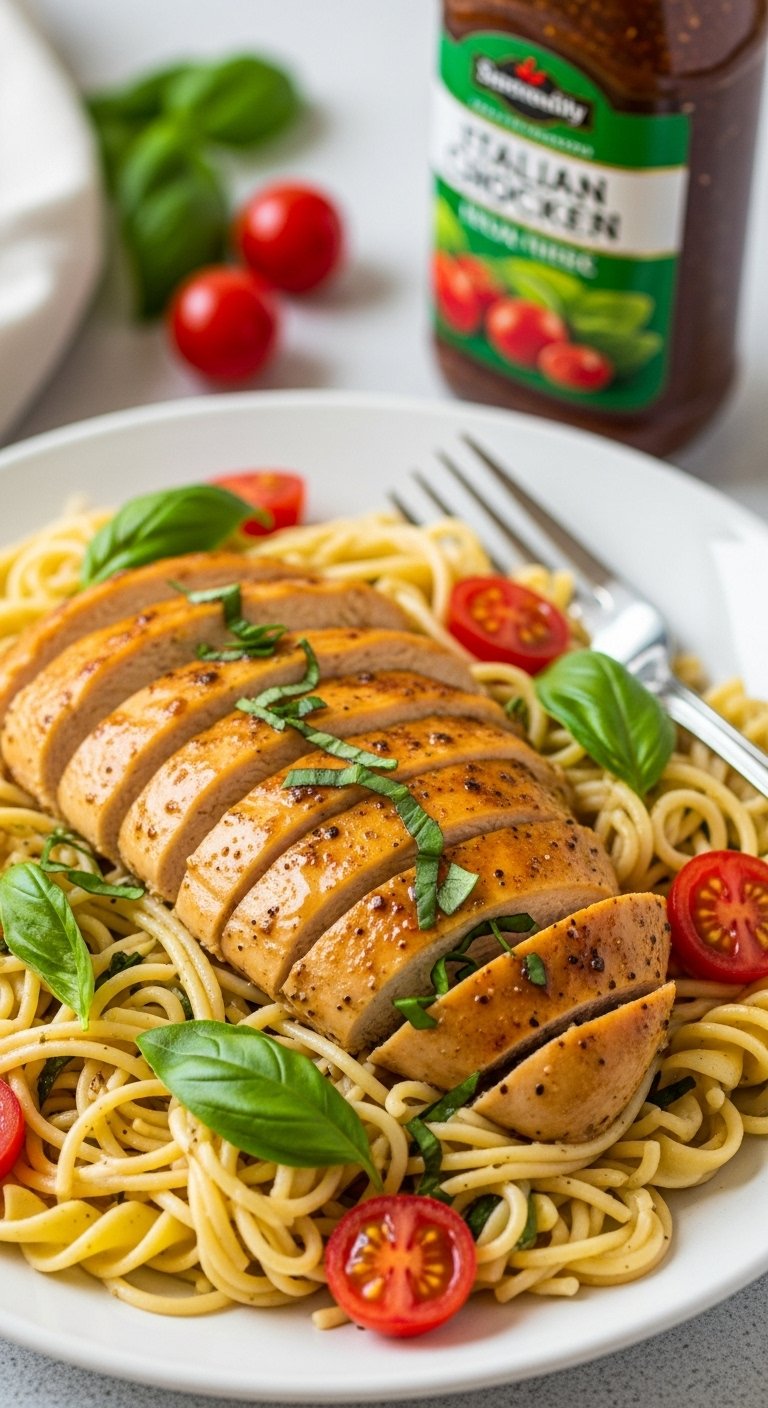 effortless slow cooker italian chicken angel hair pasta cherry tomatoes basil