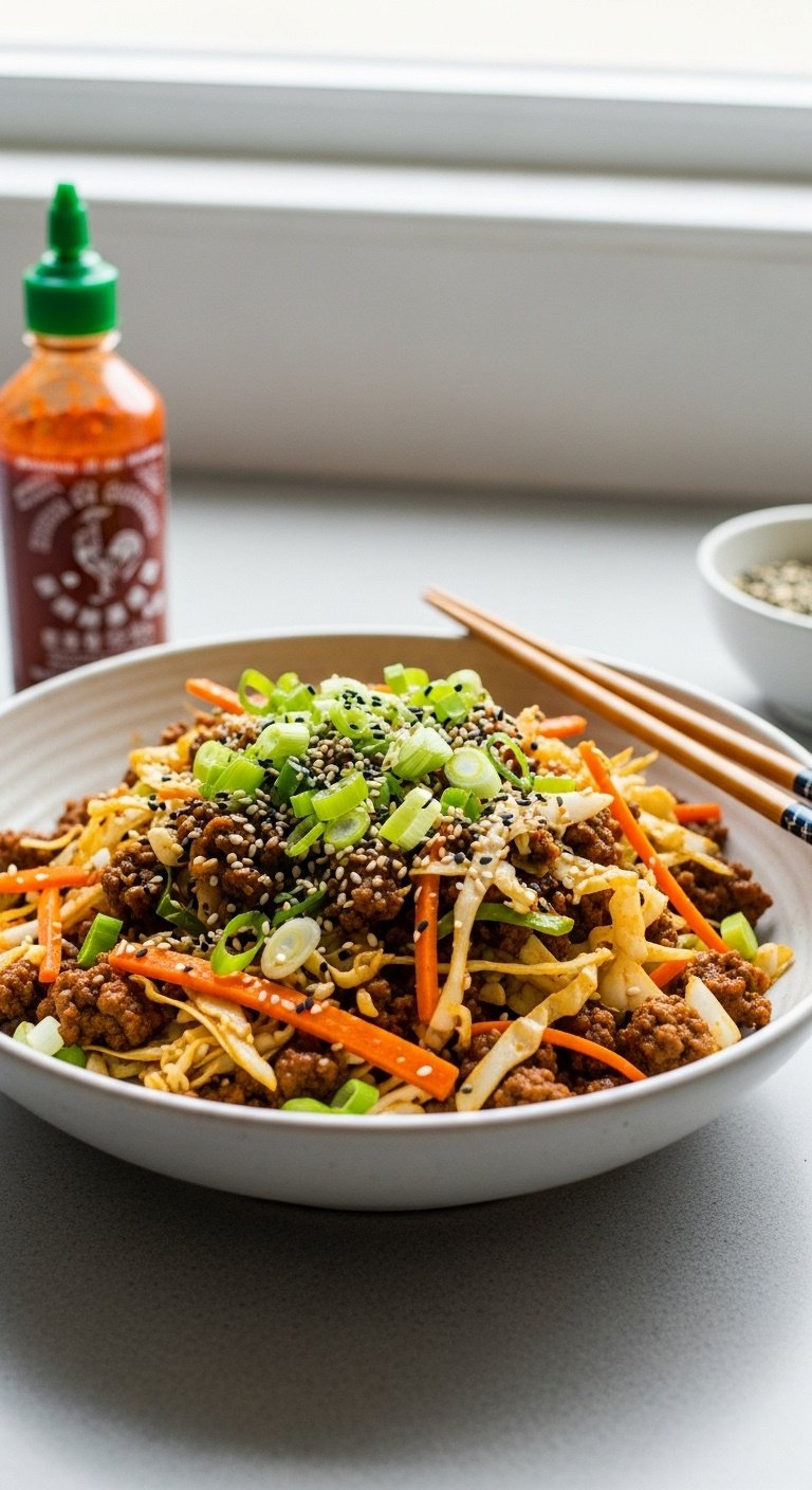 egg roll in a bowl with ground beef shredded cabbage carrots green onions and sesame seeds in ceramic bowl on grey countertop with chopsticks