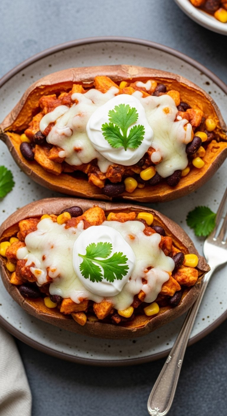 enchilada-stuffed-sweet-potatoes-chicken-beans-corn-melted-cheese-cilantro