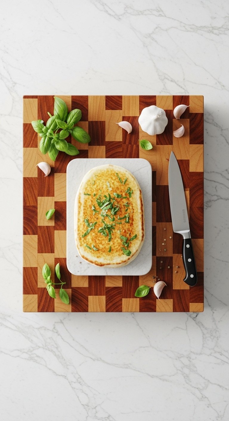 end-grain butcher block countertop warm tones checkerboard pattern fresh basil garlic chef knife high resolution 8K clean organic design