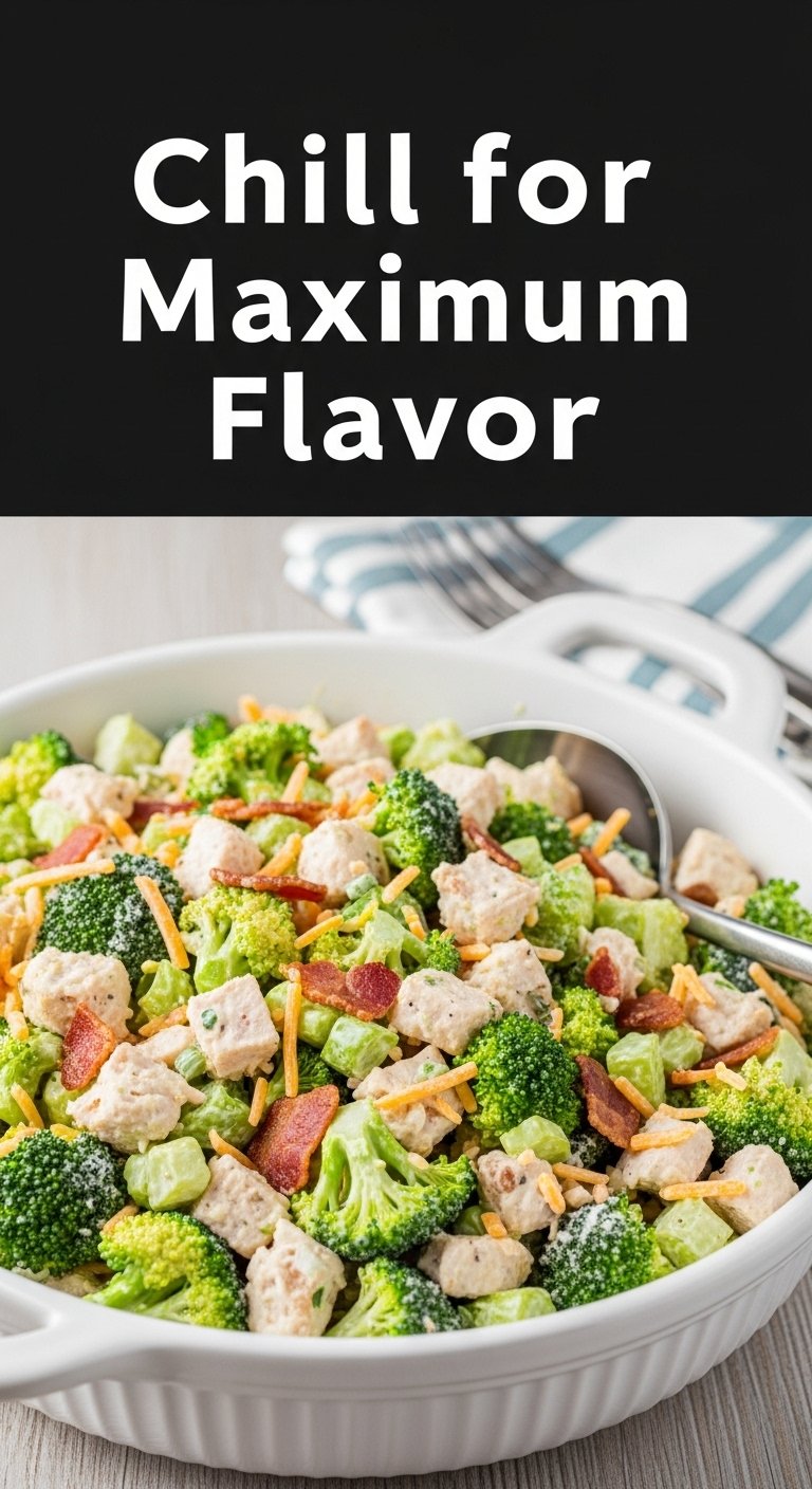 finished chicken salad chick broccoli salad in white ceramic bowl with cheese and bacon ready to chill for maximum flavor