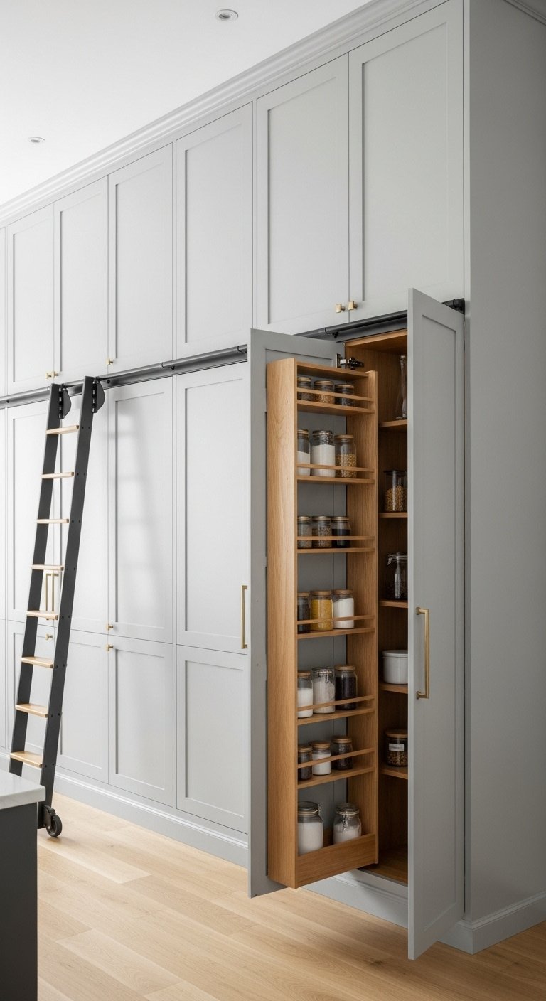 floor-to-ceiling storage light grey shaker cabinets pantry pull-out shelves glass jars rolling library ladder 8k high resolution modern kitchen