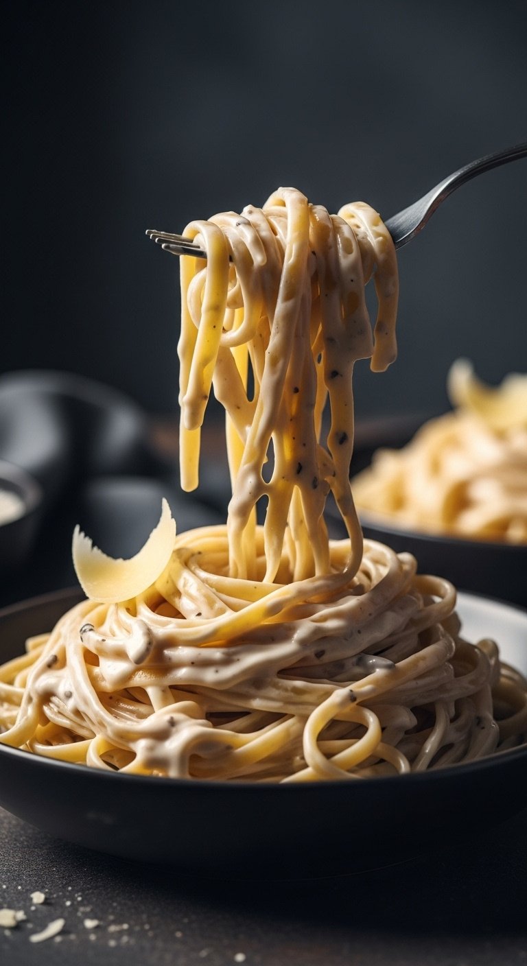 fork twirling fettuccine in extra thick creamy alfredo sauce with Parmesan curl on dark ceramic bowl