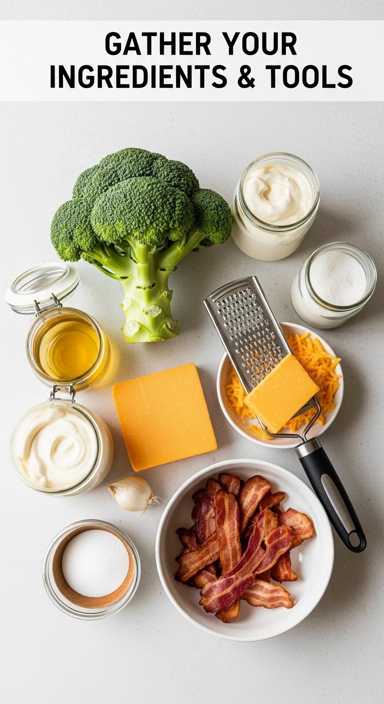 fresh ingredients for chicken salad chick broccoli salad with broccoli cheese bacon mayo vinegar and sugar arranged on light surface