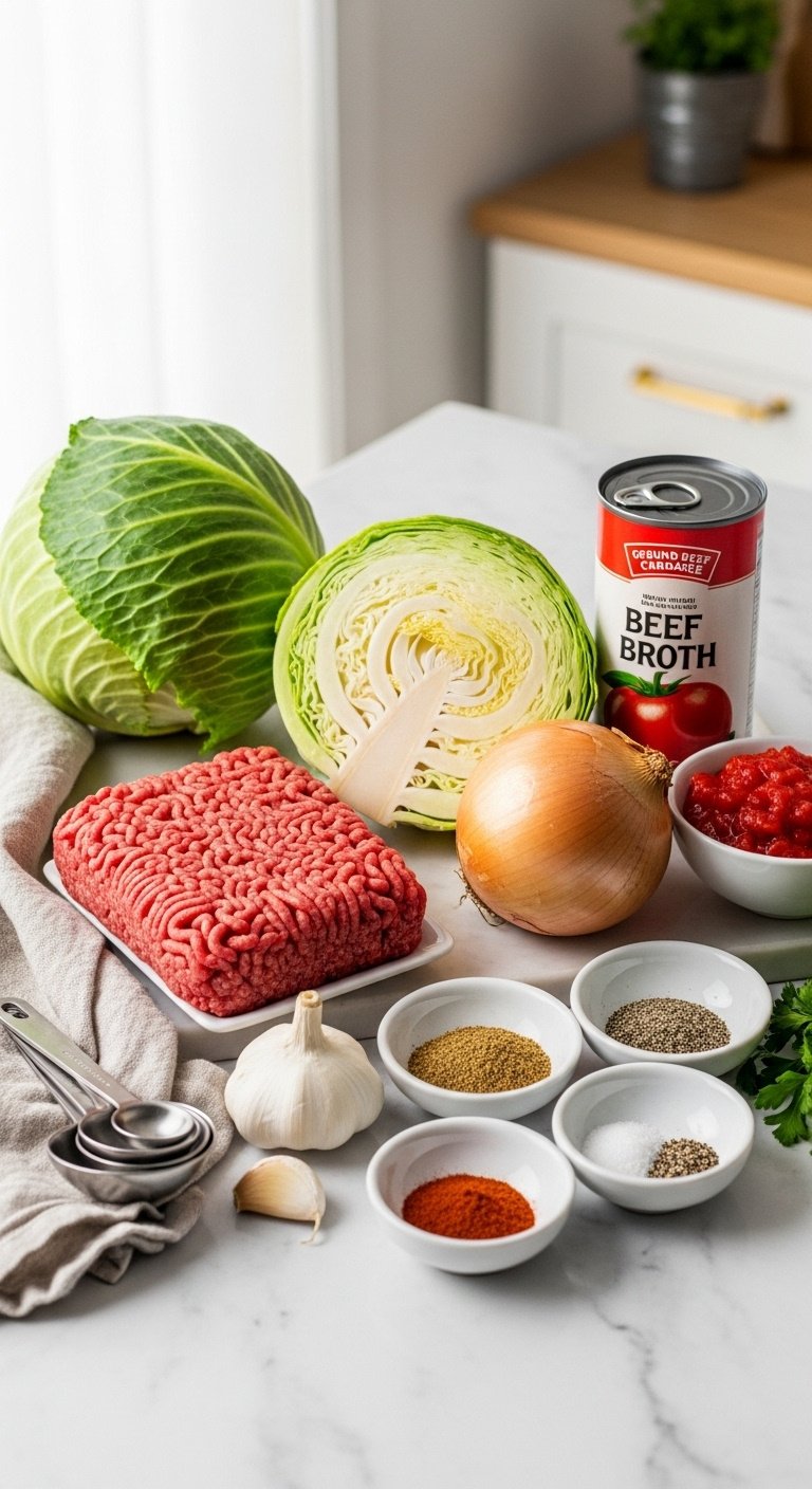 fresh-ingredients-for-ground-beef-and-cabbage-skillet-lean-ground-beef-cabbage-onion-garlic-diced-tomatoes-beef-broth-italian-seasoning