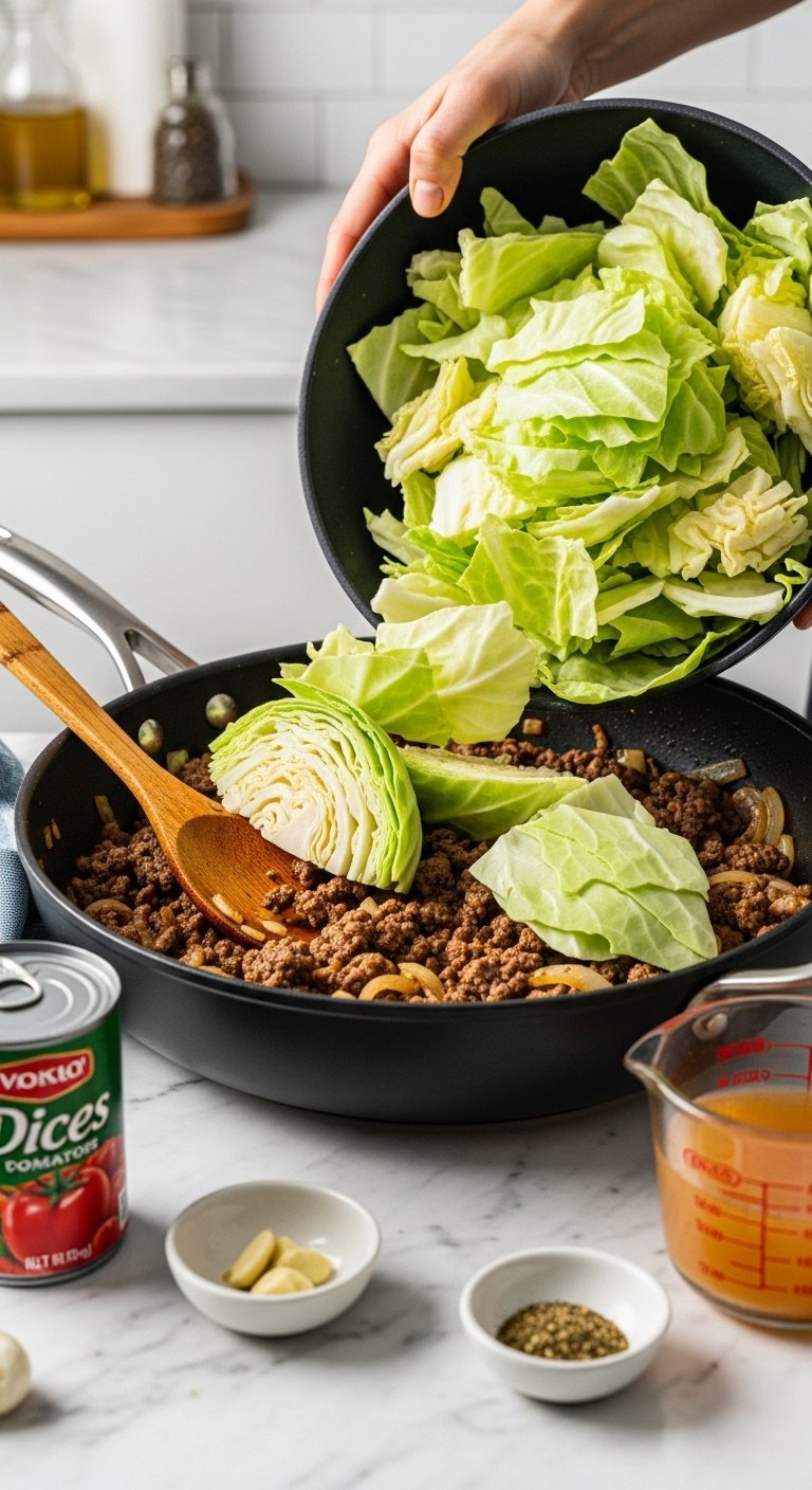 freshly-chopped-cabbage-being-added-to-skillet-with-browned-ground-beef-onions-garlic-diced-tomatoes-broth