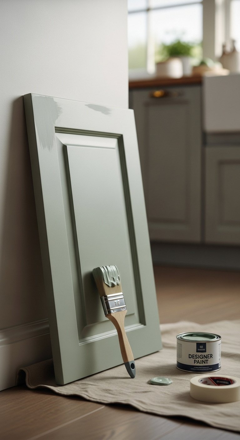freshly-painted-sage-green-kitchen-cabinet-door-paintbrush-drop-cloth