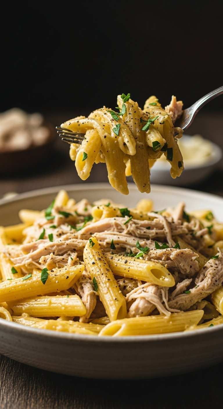 garlic-butter-chicken-pasta-twirled-fork-penne-chicken-parsley-black-pepper