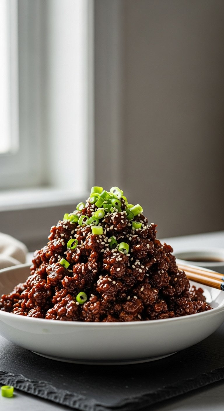 garlicky-gingery-ground-beef-with-green-onions-and-sesame-seeds-in-white-bowl
