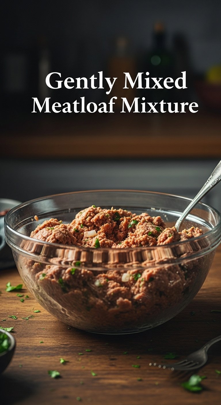 gently mixed meatloaf mixture with parsley and onion in rustic wooden bowl