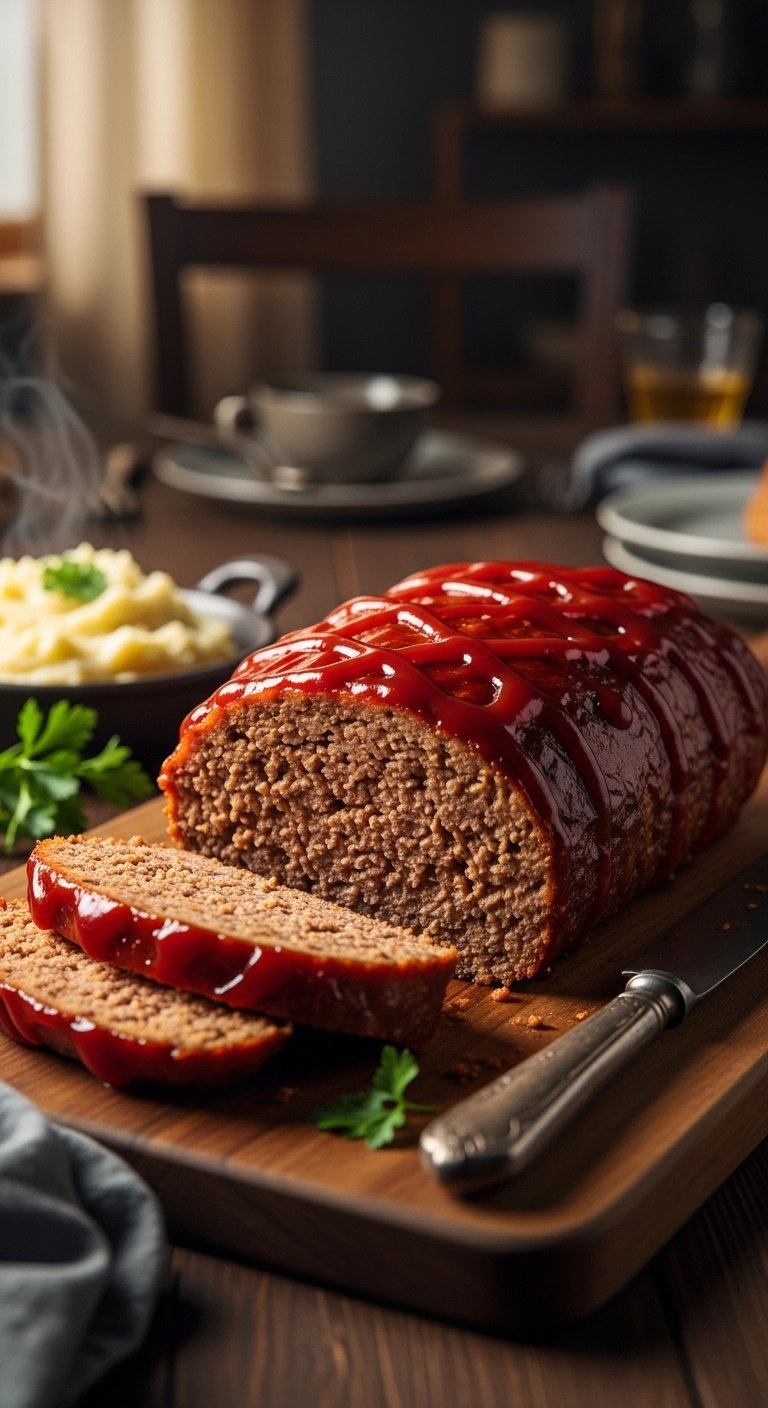 glazed and sliced meatloaf on rustic cutting board with mashed potatoes and parsley garnish