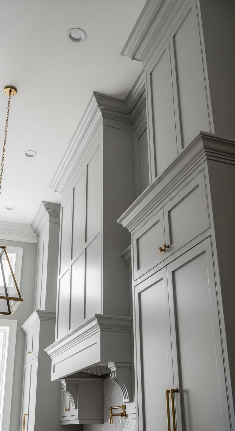 gray-shaker-cabinets-ceiling-crown-molding-tall-kitchen