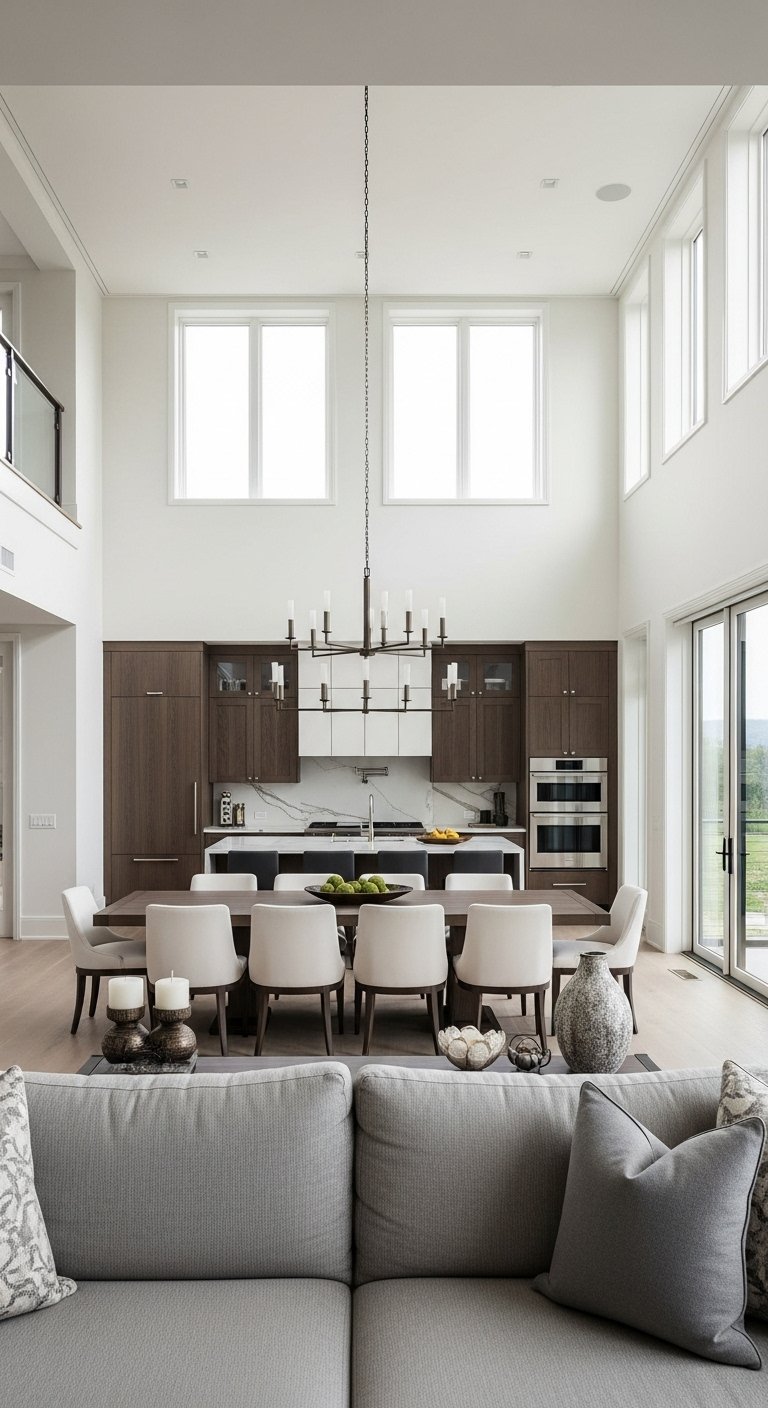 great room kitchen dining living seamless open layout high ceilings natural light warm wood tones modern chandelier