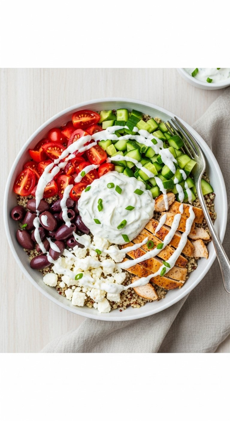 greek-chicken-bowl-quinoa-tomatoes-cucumbers-feta-olives-tzatziki