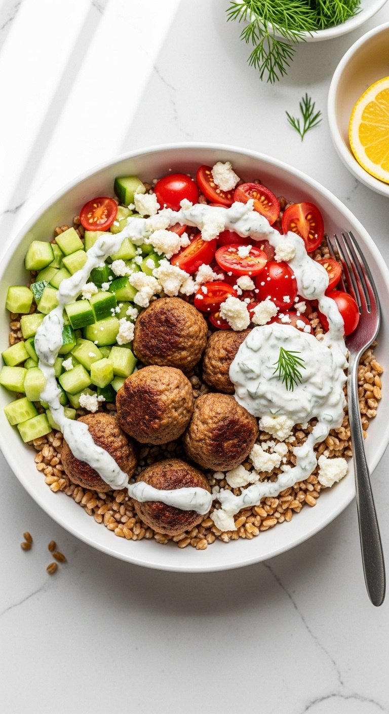 greek-meatball-farro-bowls-diced-cucumber-cherry-tomatoes-feta-tzatziki-lemon-dill